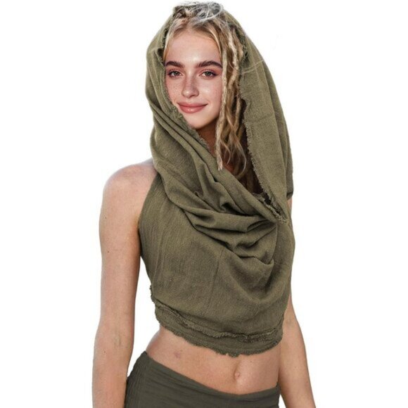 ⚡Women's Olive Green Crop Tank Boho Open Back Cross Wrap Swim Cover Up Top - Picture 1 of 7